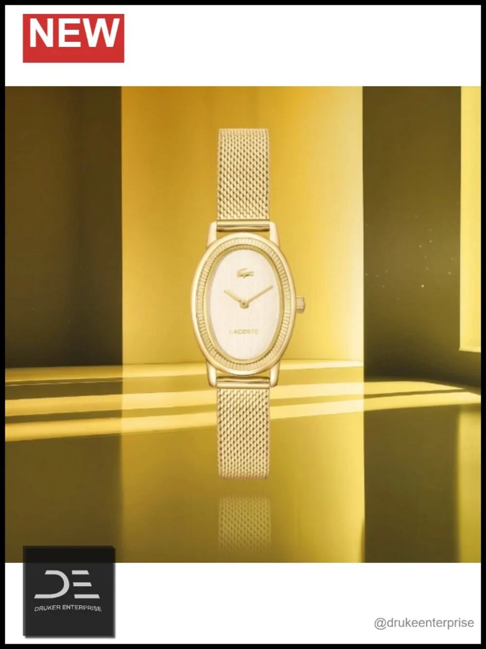 Gold Plated Oval Two-Hand Quartz Watch with Mesh Bracelet